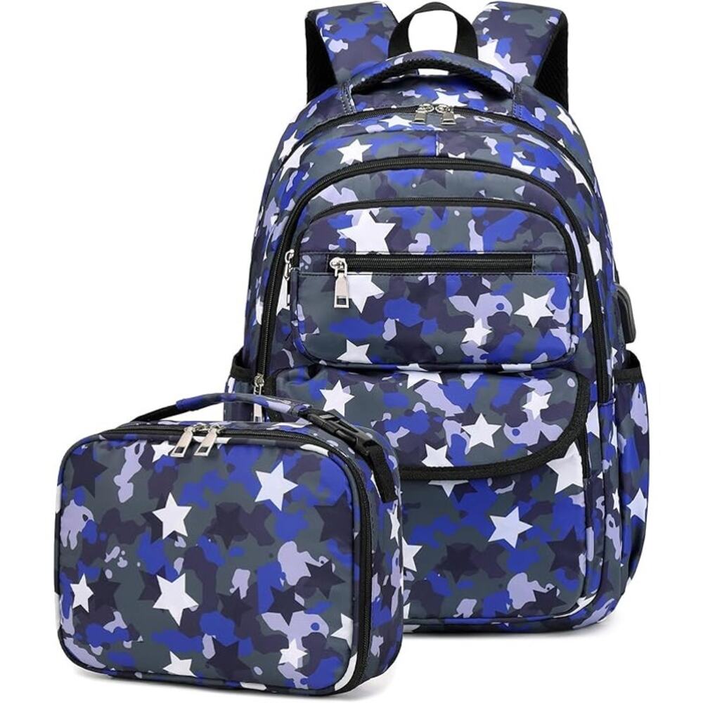 Blue Camo Star Print Backpack & Lunch Bag Set – School Bag Combo USB Port